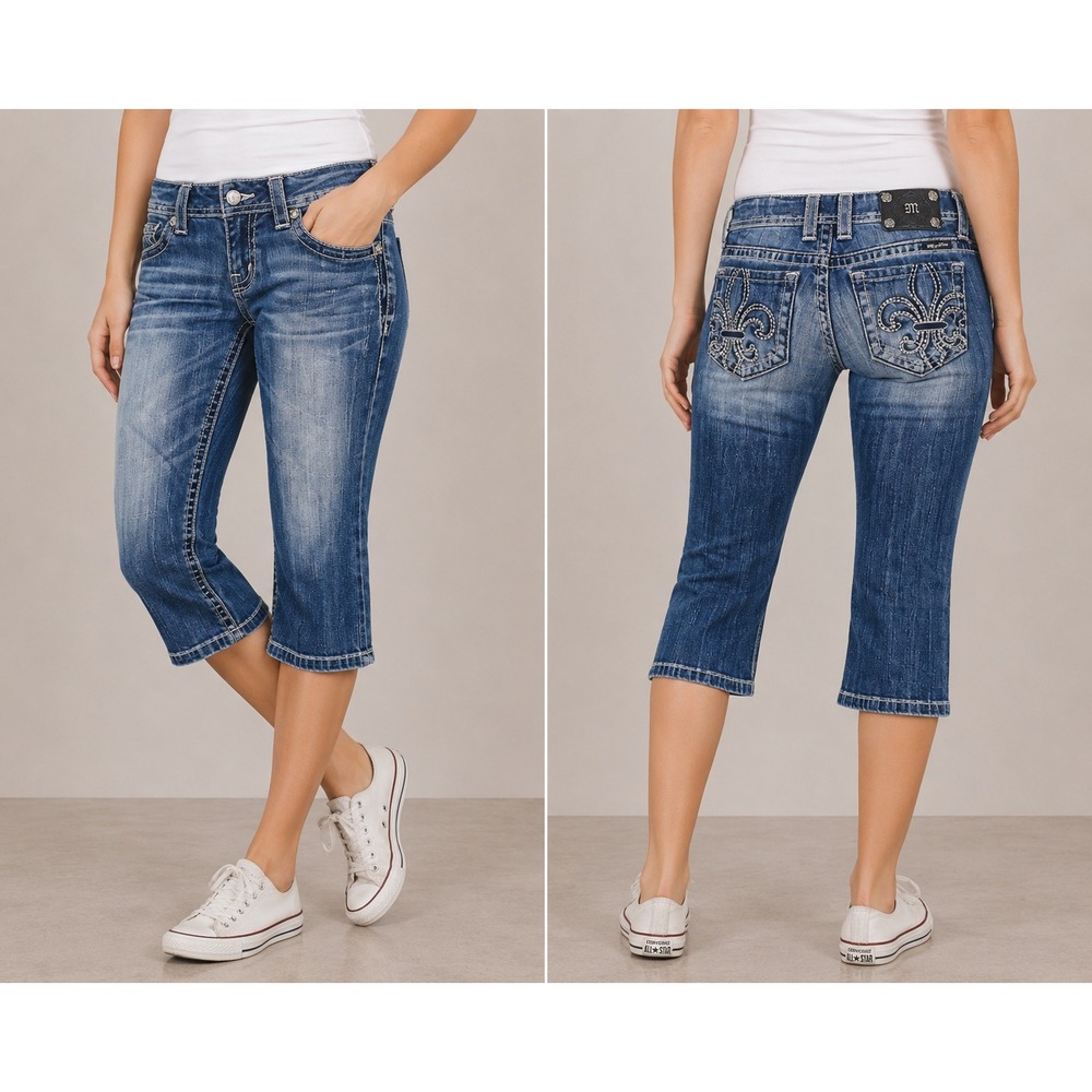 Miss Me Cropped Jeans WOMEN‎ 27 Blue Fleur De Lis Rhinestone Capris Selvedge Hem